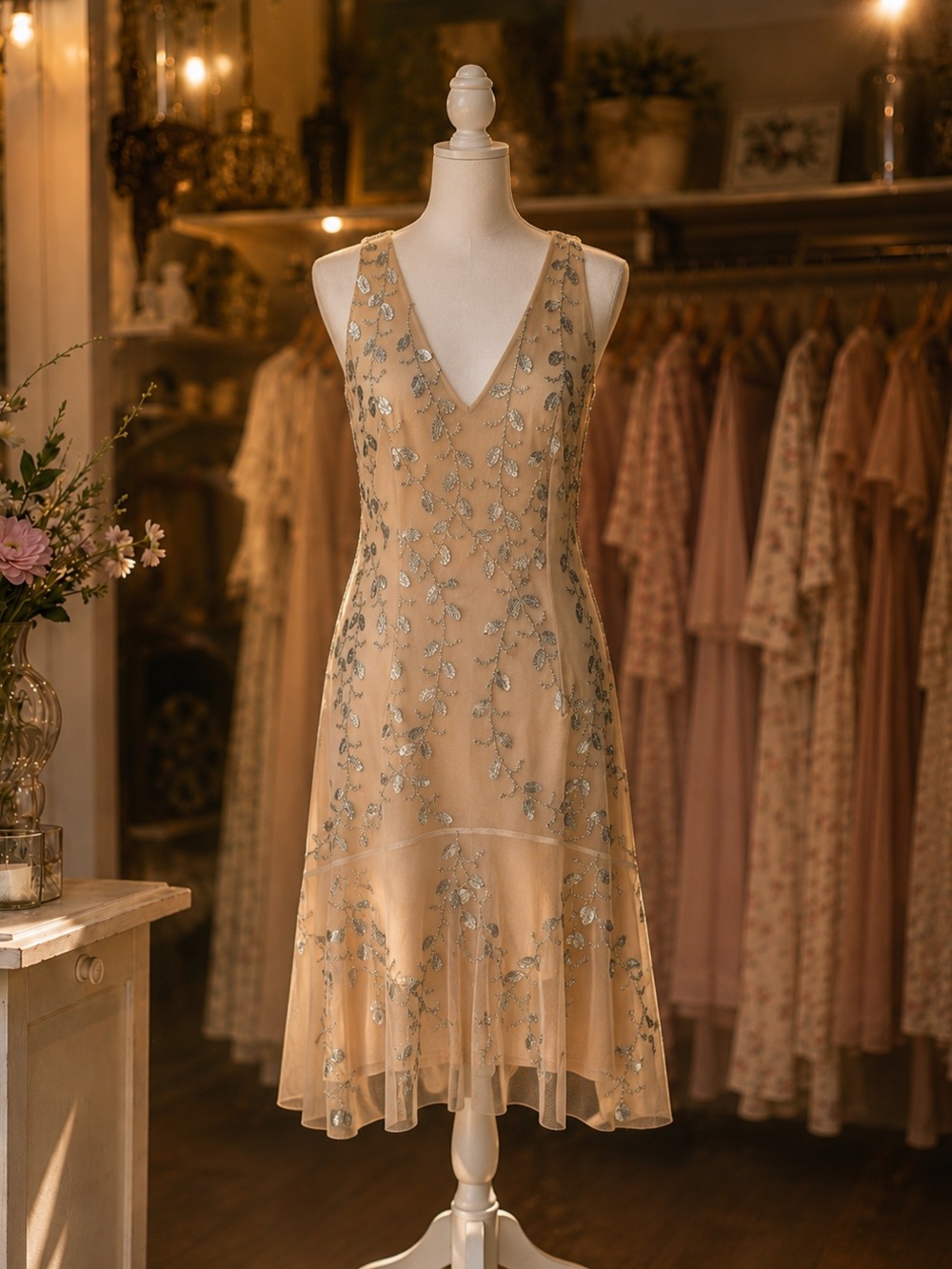 Adrianna Papell Vintage Beige Silver Sequin Beaded Midi Dress Size 4